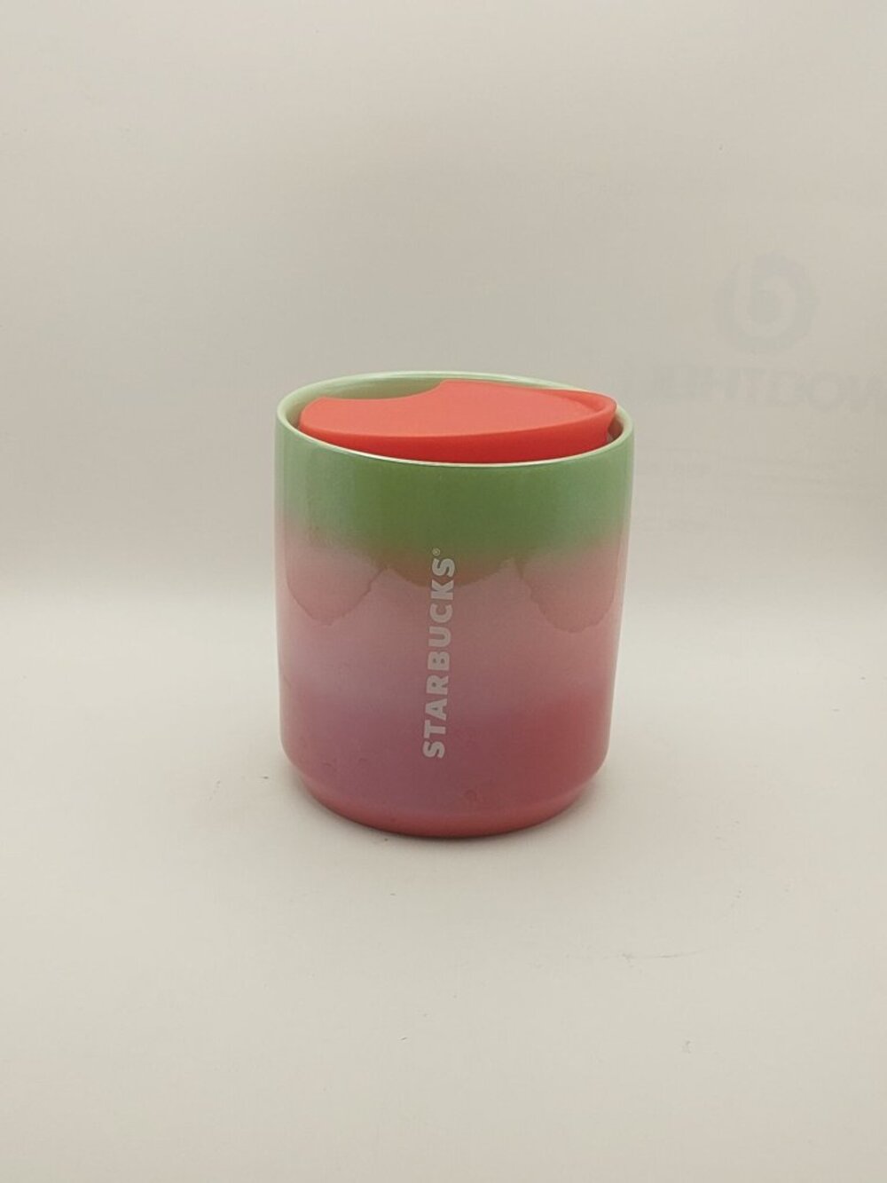 Starbucks Travel Holiday Mug Cup w/Lid Ceramic Red Pink Green Ombre 8oz
